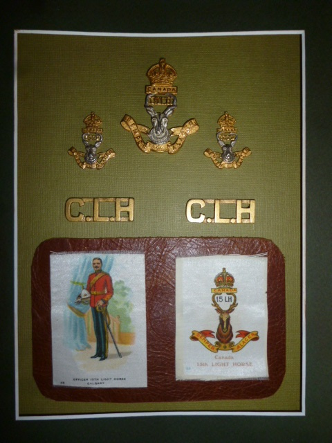 C26 - 15th Alberta Light Horse post 1907 Officer's Cap & Collar Badge Framed Set